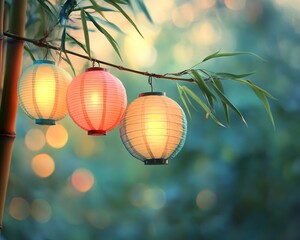 Obraz premium Three paper lanterns hang from a bamboo branch, glowing softly in the evening light.