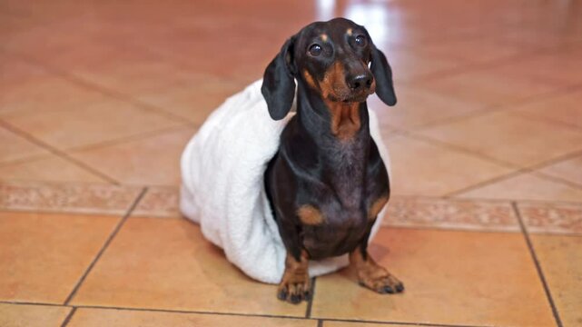 Dog wrapped in white towel sits on tiled floor, wet after a shower, barks demandingly and annoyingly distracts the owner Grooming salon for pets Home hygiene, care Spoiled dachshund lack of attention