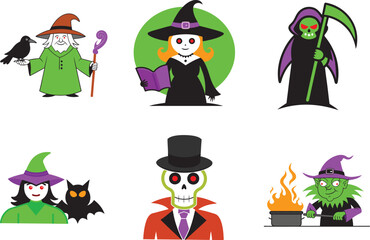 Colorful Halloween Character Illustrations &ndash; Witch, Wizard, Skeleton, and Grim Reaper