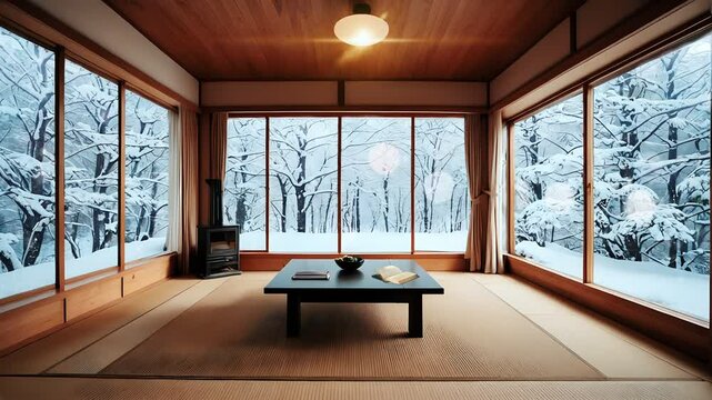 Minimalist Japanese style living room with a view of a snowy forest.. Seamless looping 4k time-lapse virtual background