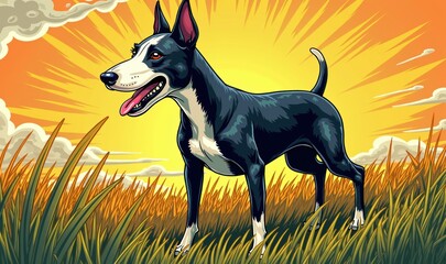 A vibrant illustration of a happy black and white dog standing in a sunlit field, perfect for pet-related content, branding, and outdoor adventure themes.