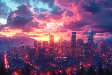 Obraz premium Cityscape Sunset with Dramatic Clouds