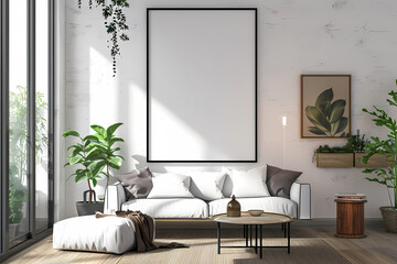 Light-filled modern living room with a cozy white sofa, indoor plants, and a large empty frame for artwork.