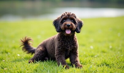 Fototapeta premium A happy brown dog sitting on lush green grass by a serene lake, embodying joy and companionship in a natural setting. Perfect for pet-related businesses and marketing.