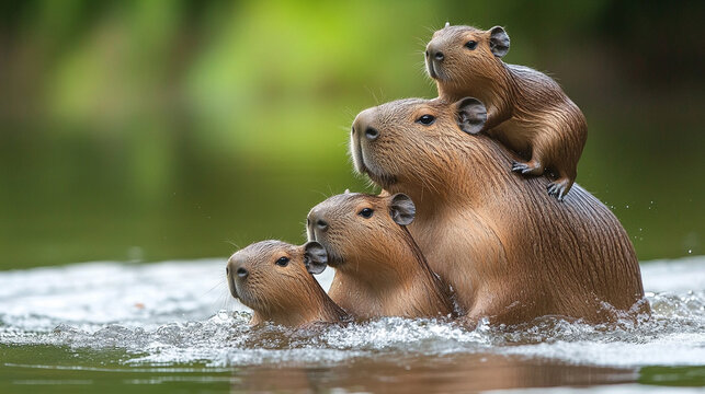 Capybara family happily playing in the water