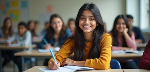 A cheerful student in a classroom, engaging with her studies while peers focus on their work,...