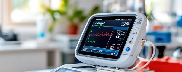 A medical monitor displaying vital signs in a clinical setting, showcasing heart rate and other health indicators.