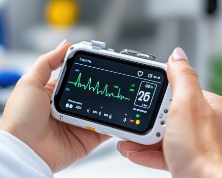 A person holds a portable medical device displaying vital signs, featuring a waveform and numerical data in a clinical environment. - Powered by Adobe