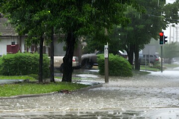 Fototapeta premium 大雨の後、洪水の中を走る車｜Cars driving through floodwaters after heavy rain
