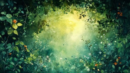Watercolor painting of a lush forest with soft sunlight filtering through the leaves. .