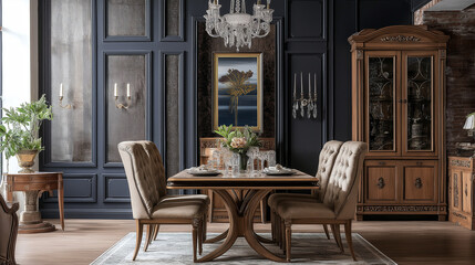 A stylish composition of a dining room interior blends elegant furniture, harmonious colors, and thoughtful decor to create a functional yet visually appealing space for dining and gathering.