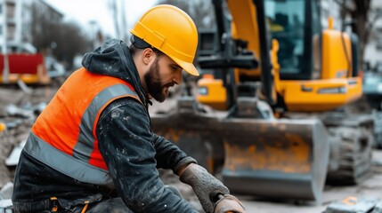 Worker skillfully maneuvering excavator on construction site landscape. AI generated