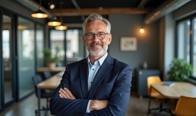 Fototapeta premium Confident senior businessman in a modern office setting, showcasing professionalism and leadership. Ideal for corporate, business, and networking themes.