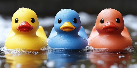 Three Vibrant Rubber Ducks Floating on a Surface of Water, A Playful and Colorful Sight