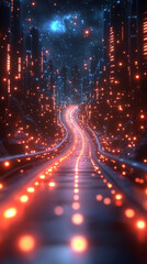 A glowing path leads through a futuristic cityscape.