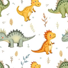 Naklejka premium seamless pattern with Cute baby dinosaur character. Generative ai