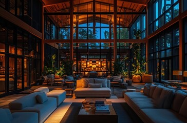 Modern Hotel Lobby with Warm Lighting
