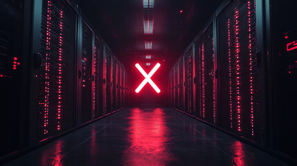 Red glowing 'X' in a dark server room.