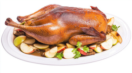 Baked duck with apples is a traditional Christmas dish from Germany.Isolated German Christmas food on a white background for cooking blogs, cookbooks and restaurant menus.