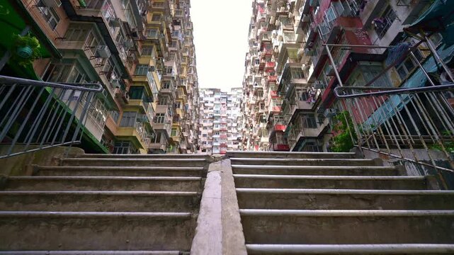 The massive housing complex in Hong Kong. iconic old apartment building skyscraper. Tourist attraction in China.
