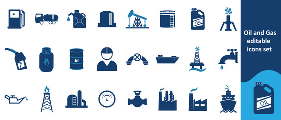 Oil and Gas editable stroke outline web icons set. Oil, gas, refinery, offshore platform, petroleum, lubricant, oil barrel and gas pump. Vector illustration