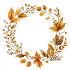 Rustic Fall Greenery Wreath with Golden Leaves Vector Illustration on White Background
