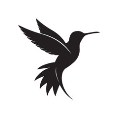 A black silhouette of a hummingbird suspended mid-air