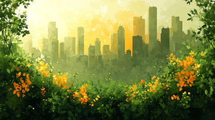 A painting of a cityscape with a vibrant green foreground