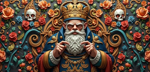 Obraz premium A striking, ornately detailed image of a majestic king surrounded by roses and skulls, perfect for themes of authority, fantasy, or historical illustrations.
