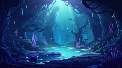 Eerie Underwater Grotto with Bioluminescent Plants and Crystalline Formations