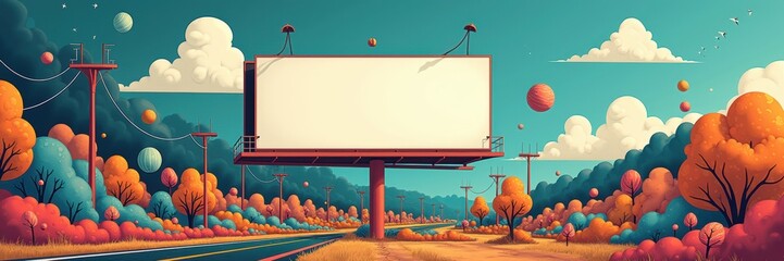 A vibrant, artistic billboard in a scenic landscape, ideal for advertising campaigns, marketing materials, or creative projects requiring a blank canvas.