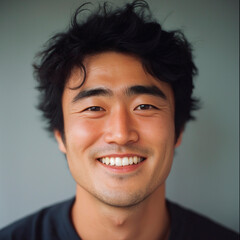 Handsome asian man smiling with perfect teeth and slightly tousled hair
