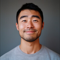 Portrait of smiling asian man with beard and gray T-shirt