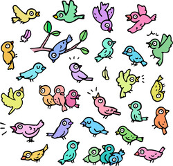 小鳥のキャラクターの手書きイラストセット