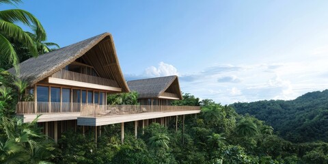 Fototapeta premium Tropical Jungle Treehouse Resort with Lush Greenery and Blue Sky