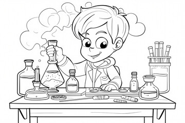 A cheerful young boy with light brown hair conducts an exciting science experiment in a colorful lab setting.