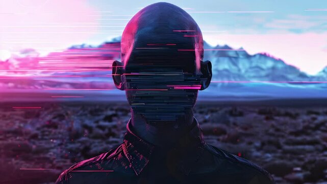Digital artwork of a man's silhouette with a visual glitch effect against a mountainous backdrop.