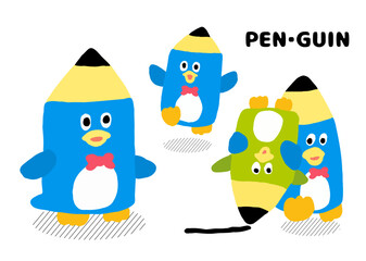 カラフルでかわいいペンとペンギンの合体キャラ素材