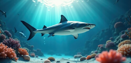 Fototapeta premium A majestic shark gliding through vibrant coral reefs, illuminated by sunlight filtering from the surface, creating a serene underwater scene.