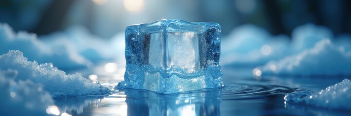 A captivating close-up of a crystal-clear ice cube resting on a reflective surface, surrounded by soft snow, perfect for themes of coldness, purity, and winter.