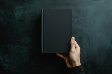 Naklejka premium Hand holding a minimalist journal against dark backgrounds showcasing sleek modern design and captivating visual impact