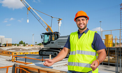 male engineer wearing a hard hat. Real estate and building planner