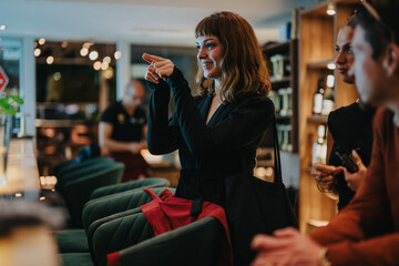 A group of friends socializing and having fun in a modern bar. The atmosphere is lively and engaging, with people enjoying each other's company.