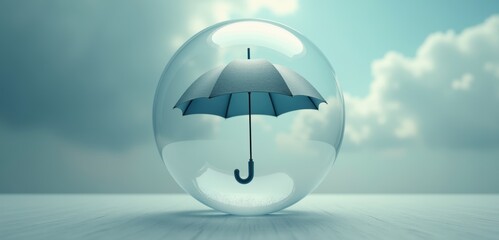 A conceptual image of an umbrella encased in a glass sphere, symbolizing protection and security against external forces. Ideal for insurance or financial services.