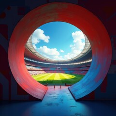 Obraz premium Experience the thrill of game day with this vibrant view of a stadium through a colorful tunnel, capturing the excitement and energy of live sports.