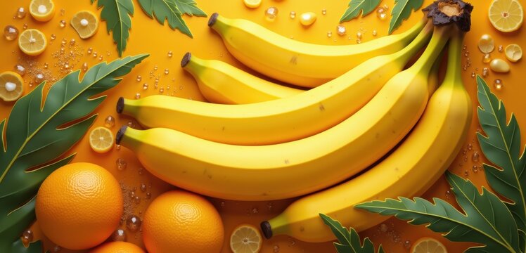 Fresh, vibrant bananas and oranges set against a sunny background, ideal for food and beverage marketing, health blogs, or tropical-themed designs.