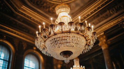 A chandelier suspended from the ceiling of a palace