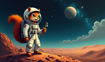 A whimsical astronaut squirrel explores a distant planet, capturing the imagination of space enthusiasts and children alike in vibrant, colorful artwork.