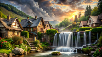 &ldquo;A serene cottage retreat by a cascading waterfall, enveloped in nature&rsquo;s embrace