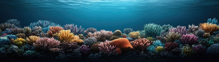 Obraz premium A vibrant underwater scene showcasing a diverse coral reef teeming with colorful coral formations and illuminated by sunlight filtering through the water.